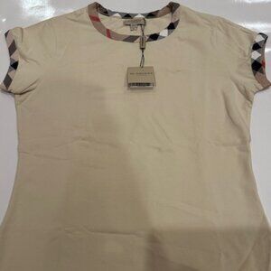 BRAND NEW ICONIC BURBERRY TAN FITTED COTTON NOVA CHECK CUFF SLEEVE TOP Size S/M